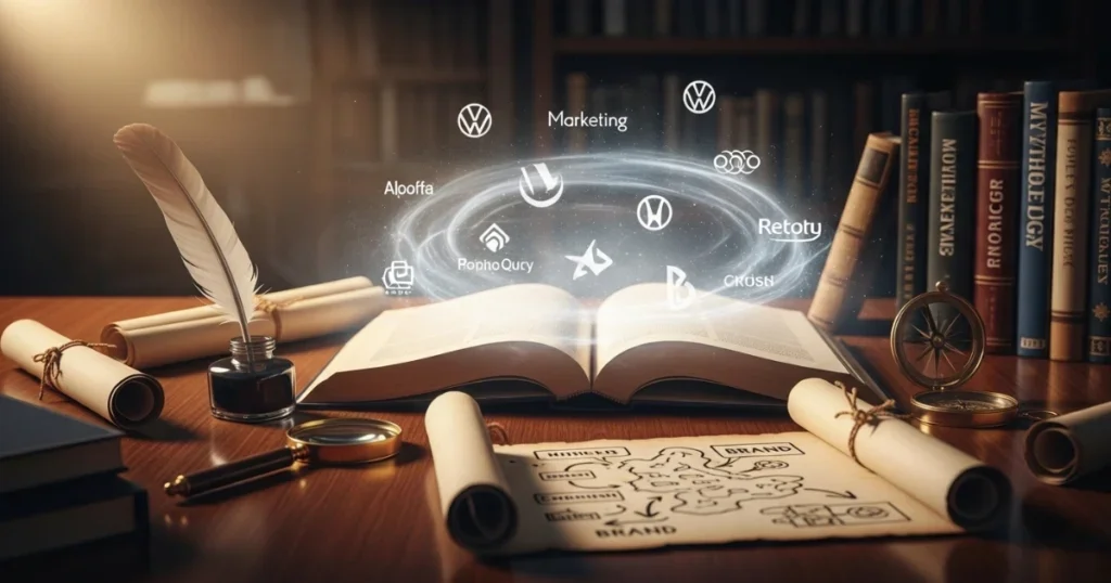 Creative scene with books and lightbulb representing brand myth crafting with Leyline Pro AI