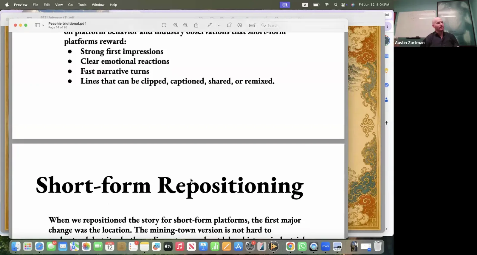 A slide titled 'Short-form Repositioning' discusses changing a story's location from a mining town for platform fit.