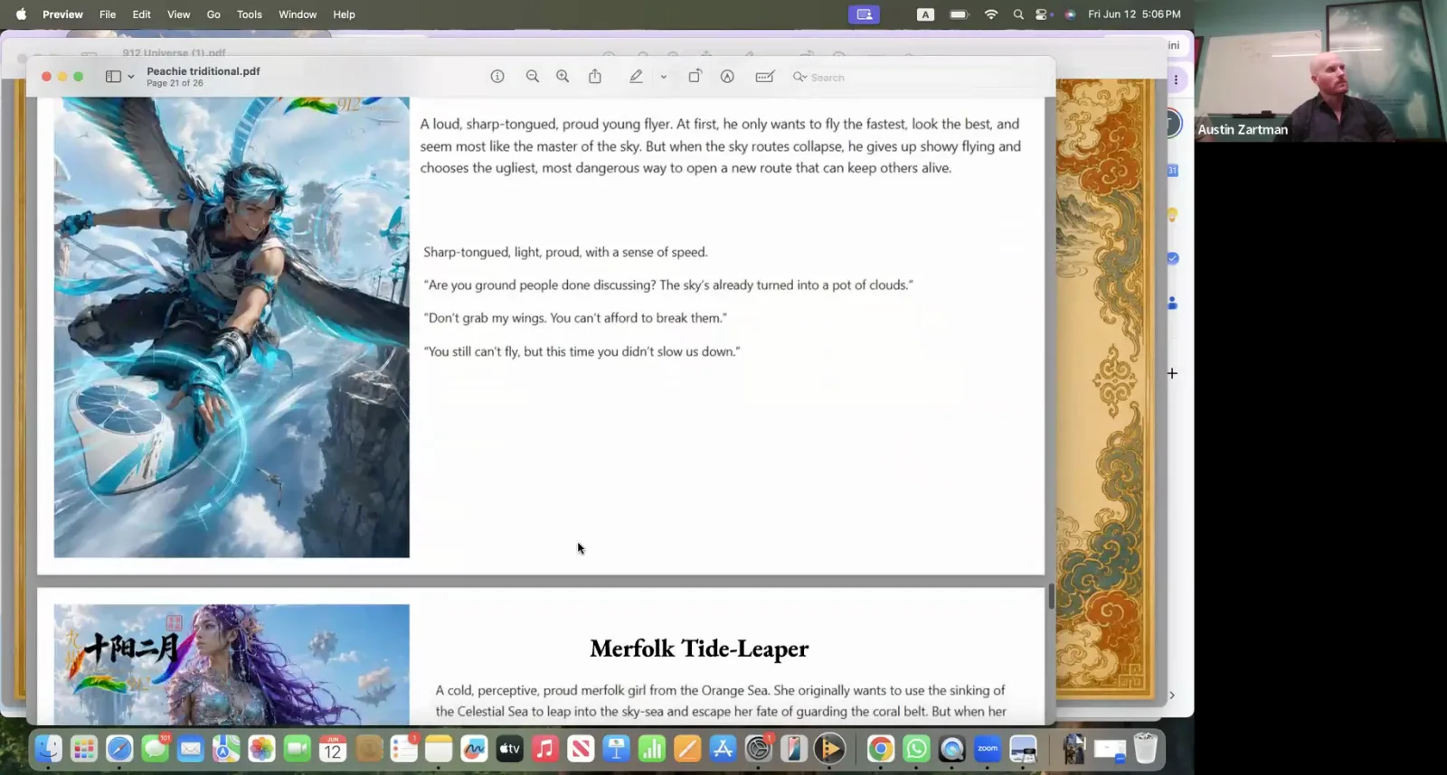 A PDF document displays a character concept of a winged man on a hoverboard, with descriptive text alongside.