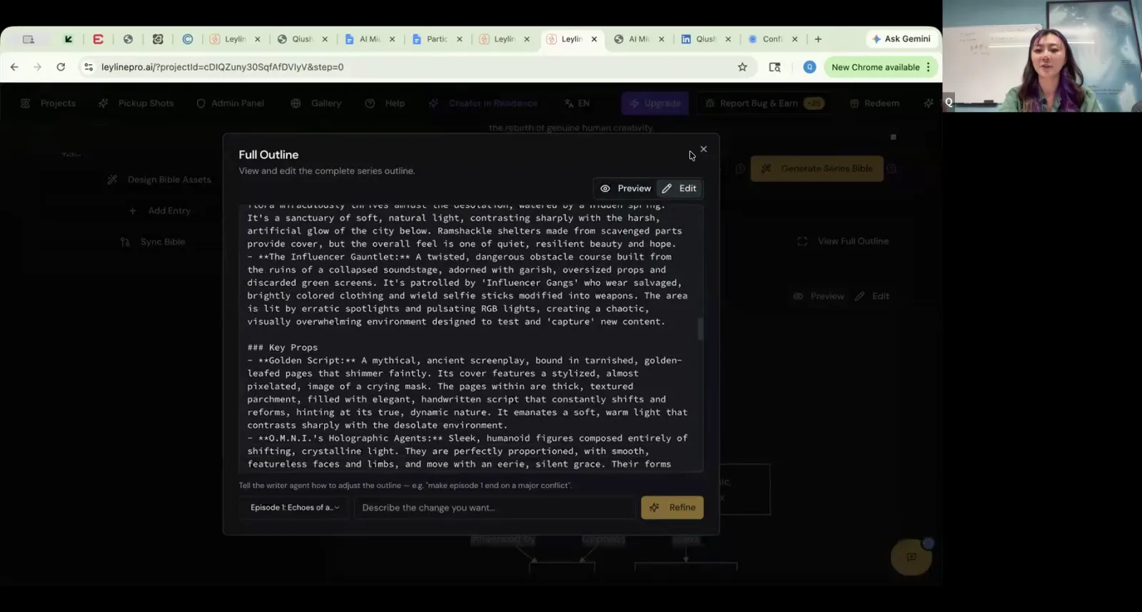 The Full Outline window in Leyline Pro, showing a text input field at the bottom to refine the story with an AI agent.