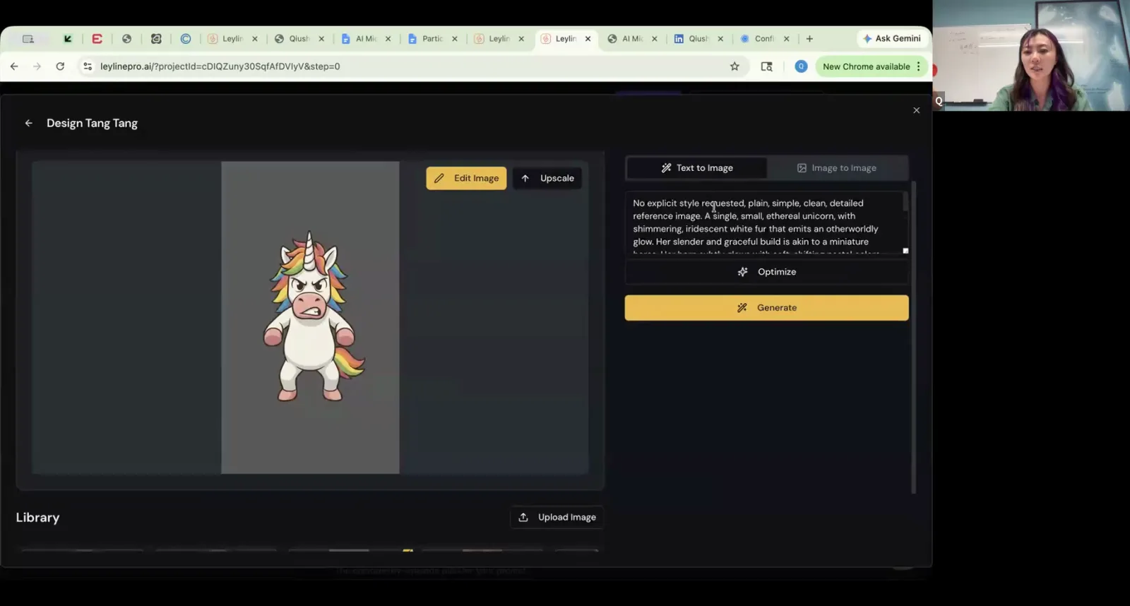 Leyline Pro interface showing a generated image of a unicorn and the text prompt used to create it.