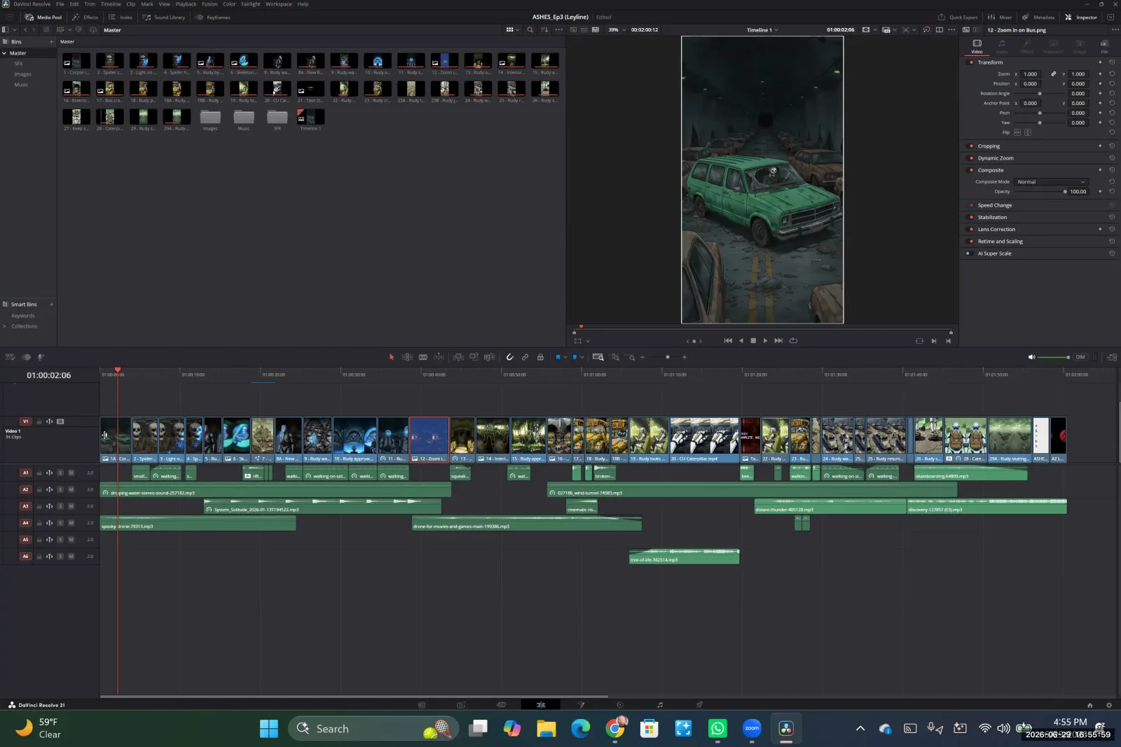 DaVinci Resolve interface showing a timeline with animated clips arranged in order below the media pool and viewer.