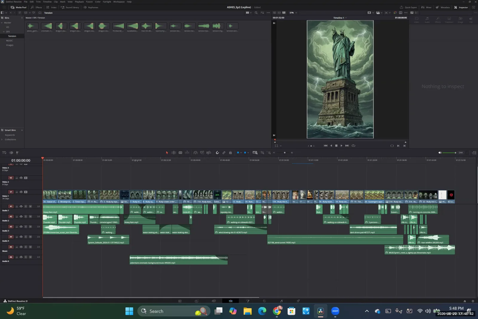 The DaVinci Resolve timeline shows multiple audio tracks for sound effects, music, and a dedicated track for dialogue clips.